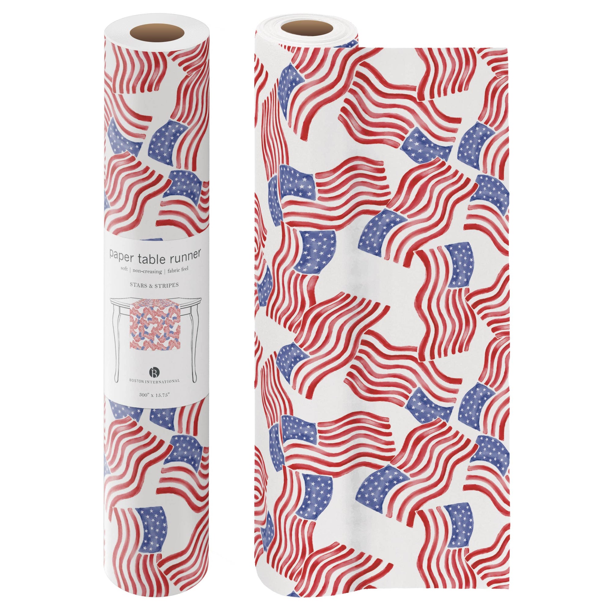 Two rolls of paper table runner with American flag pattern on a white background