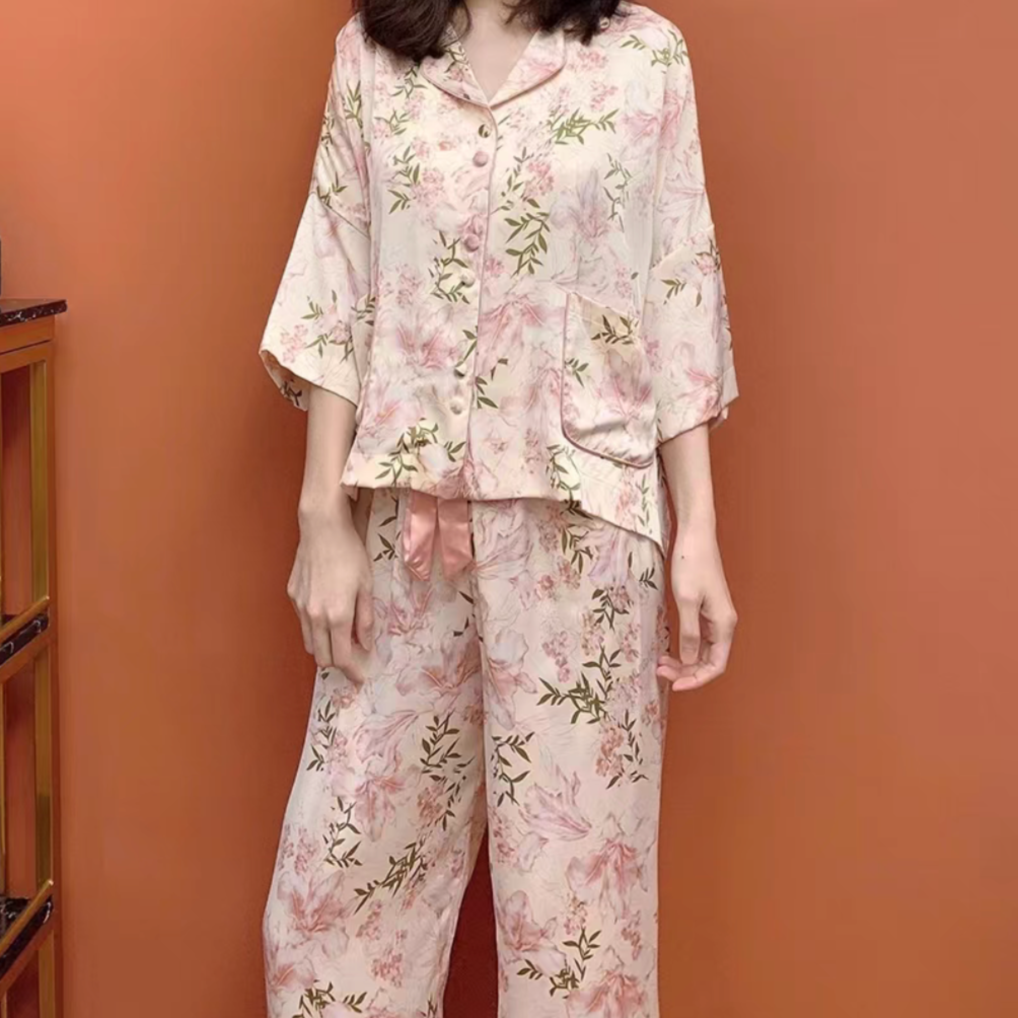 Floral Satin Pajama Set with Pockets
