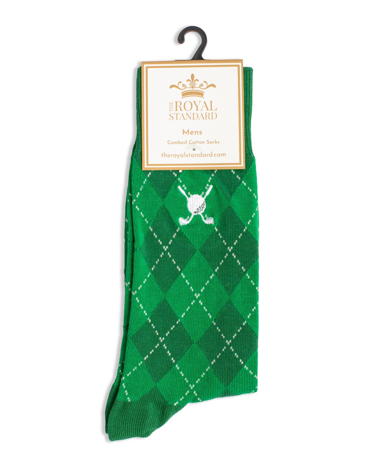 Green argyle patterned sock with a brand label on a white background
