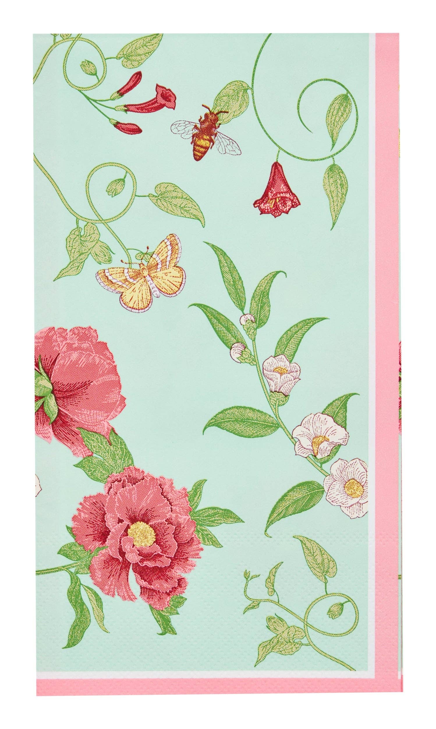 Floral design with pink flowers, green leaves, and red berries on a light blue background guest towel napkin