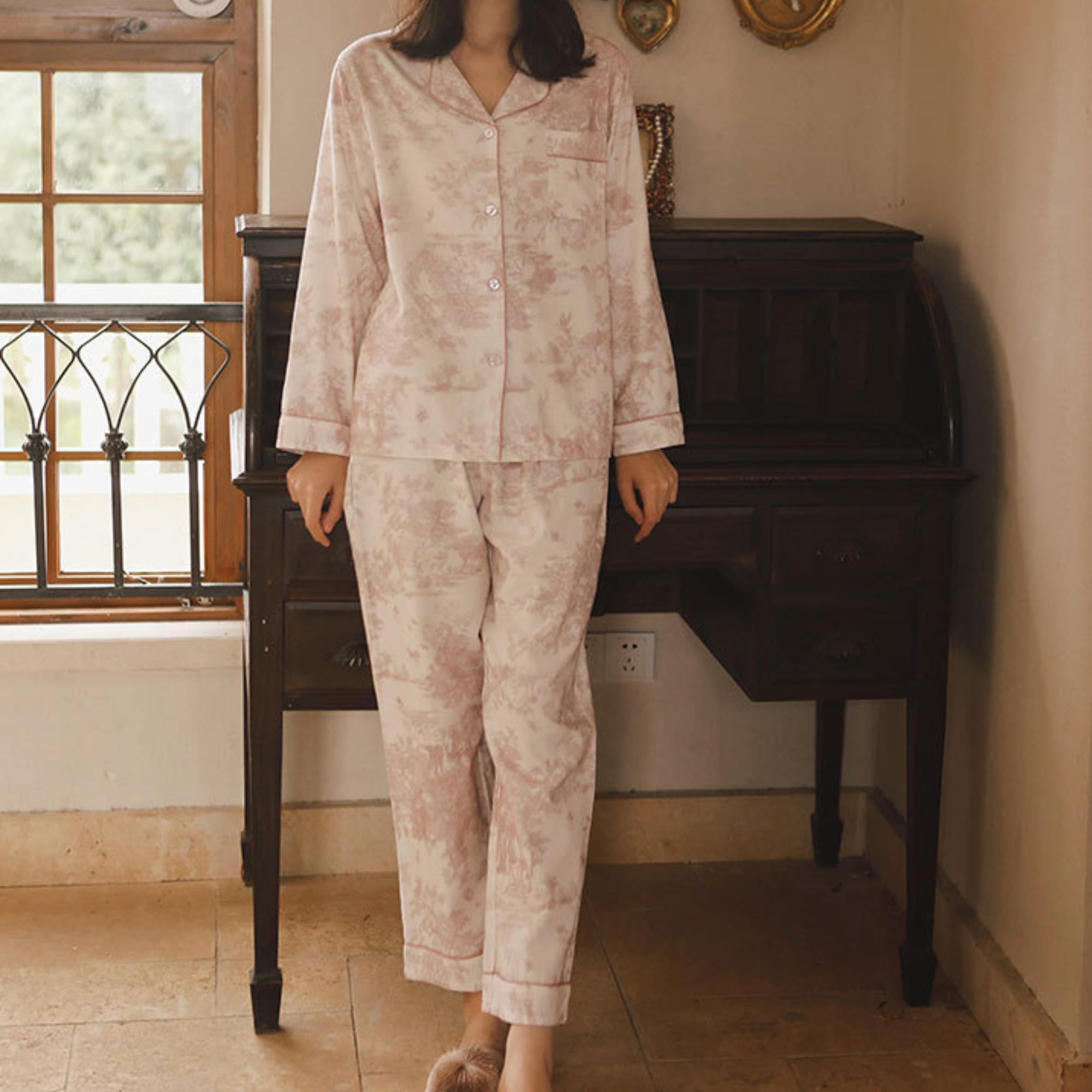 Soft Pink Toile Print Loungewear – Fall &amp; Winter Cozy : L