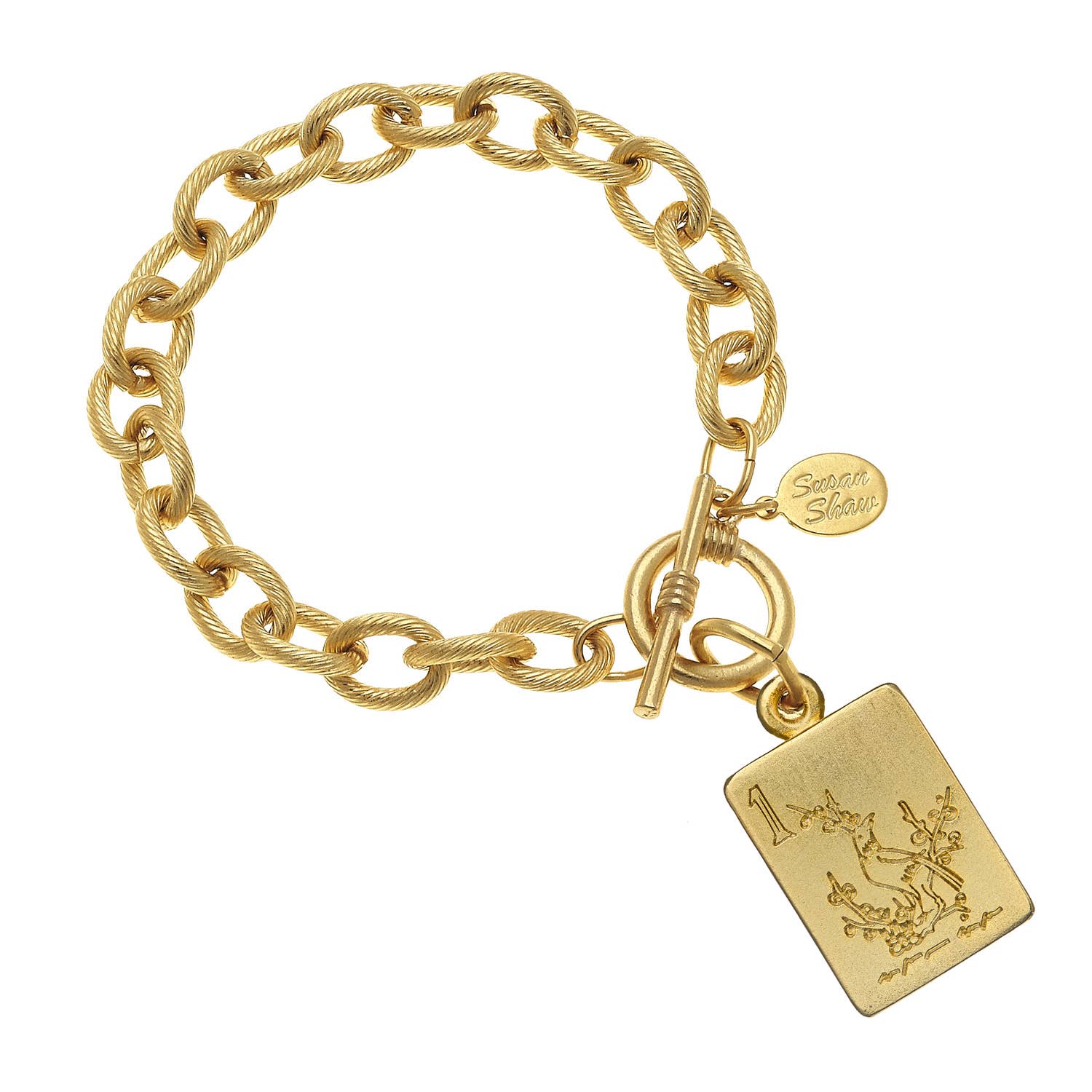 Gold chain bracelet with a tag featuring a mahjong tile on a white background