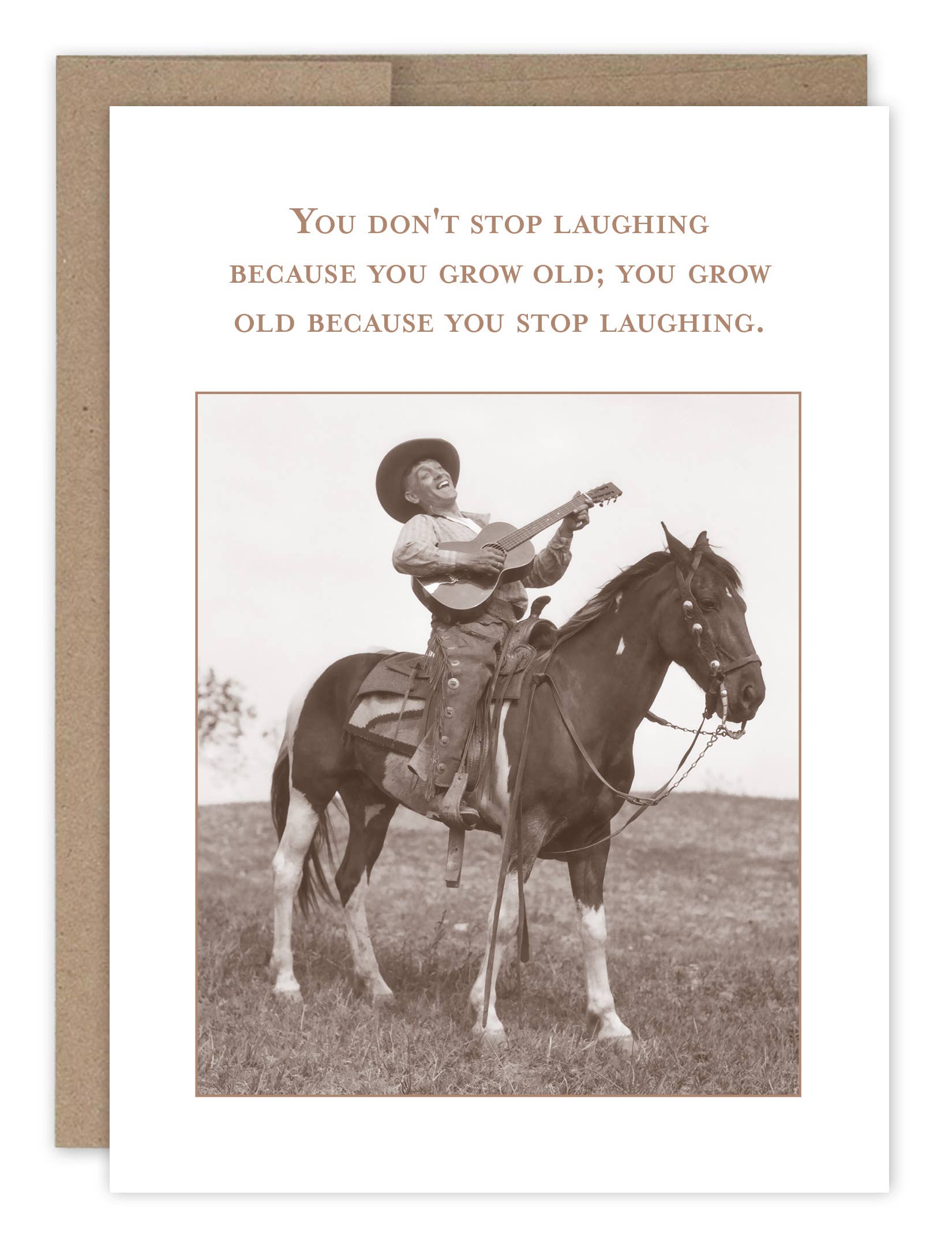 Vintage-style card with a cowboy on a horse and humorous quote.