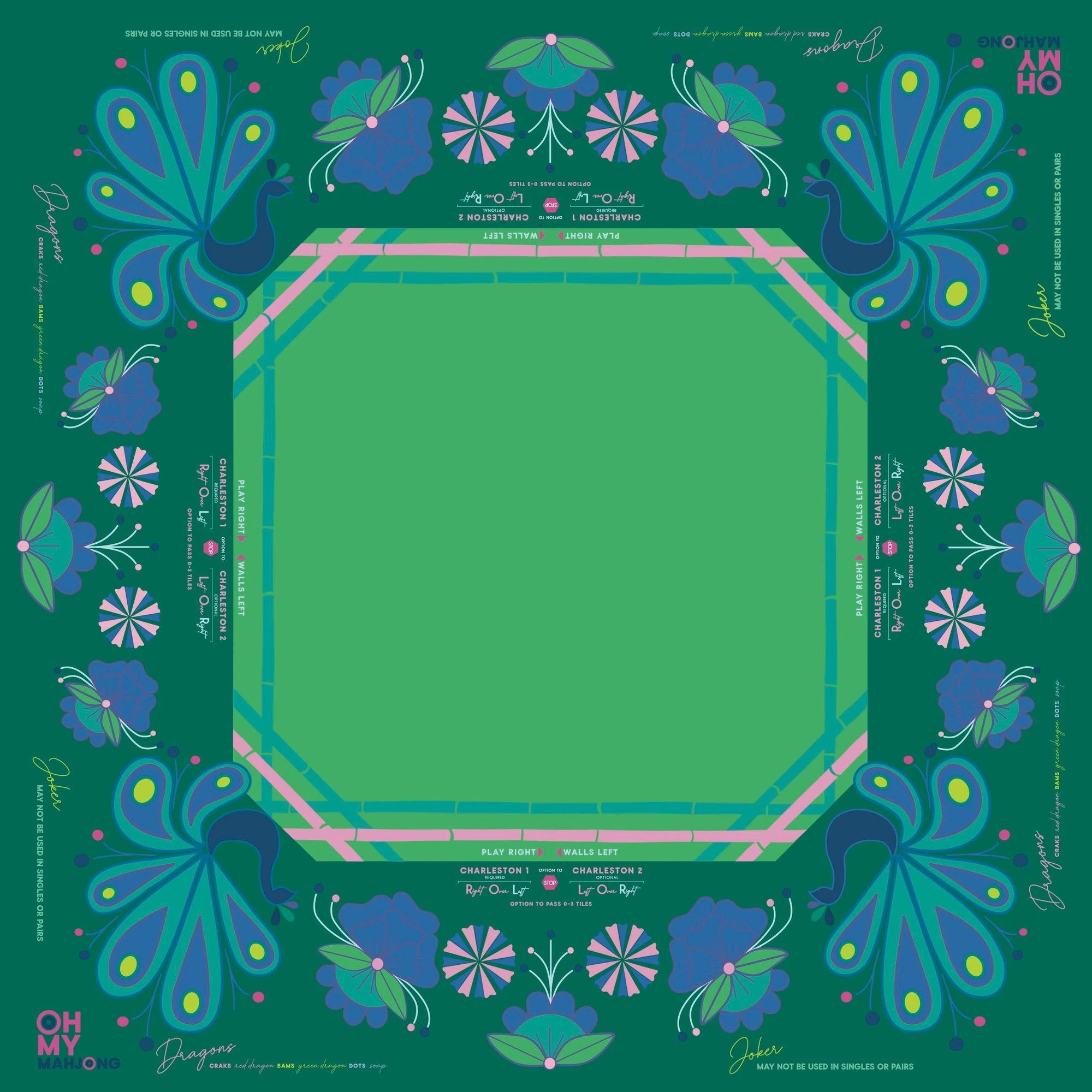 A green mahjong mat with a floral design, featuring birds and butterflies in blue, pink, and white colors.