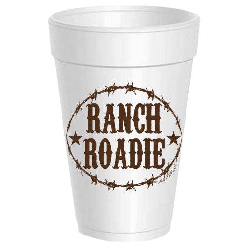 White styrofoam cup with 'Ranch Roadie' design on a white background