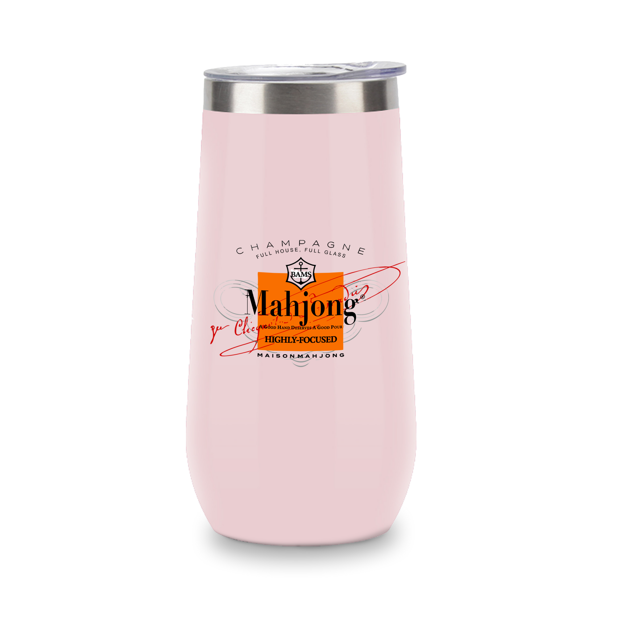 Pink tumbler with Mahjong branding on a pink background