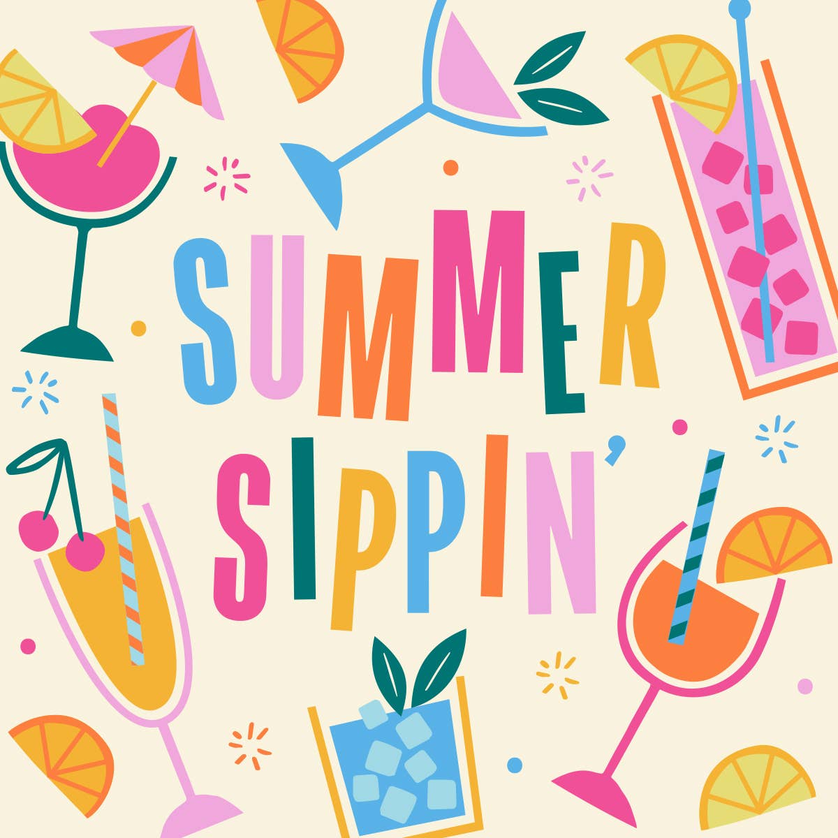 Colorful summer-themed design with cocktail illustrations and 'Summer Sippin'' text on a beige background.
