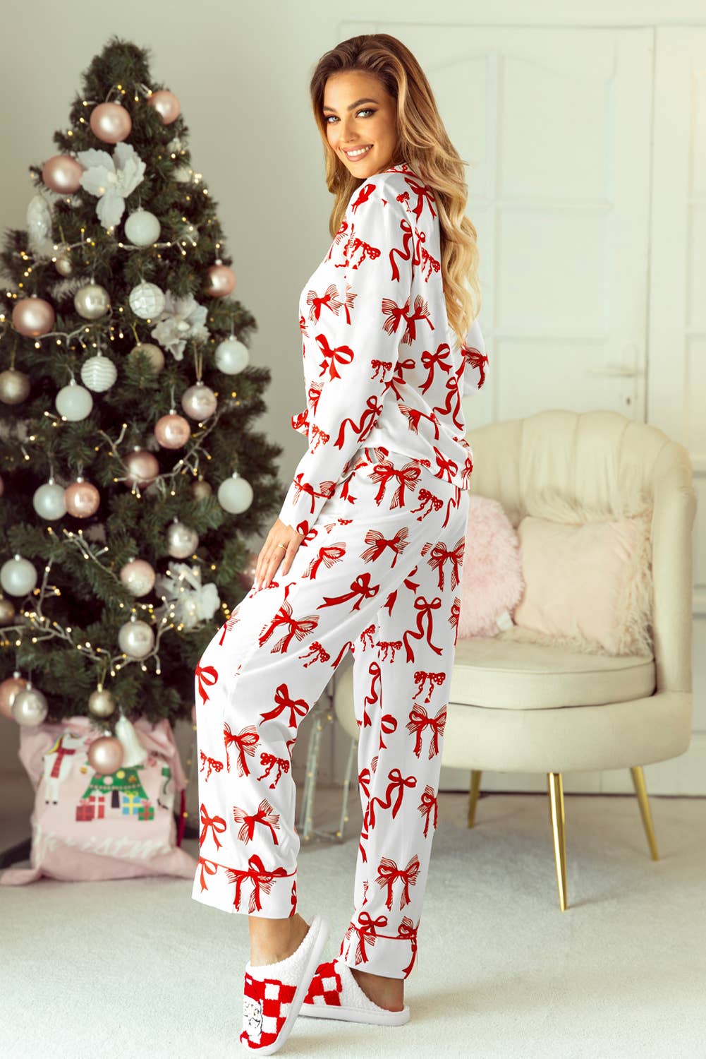 Christmas Bow Print Long 2pcs Pajama Set