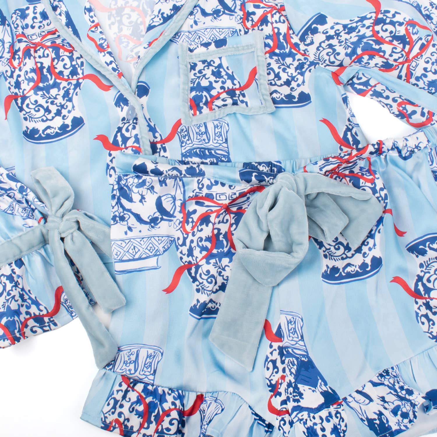 Holiday Ginger Jar Stripe Satin Ruffle Short Pajama Set
