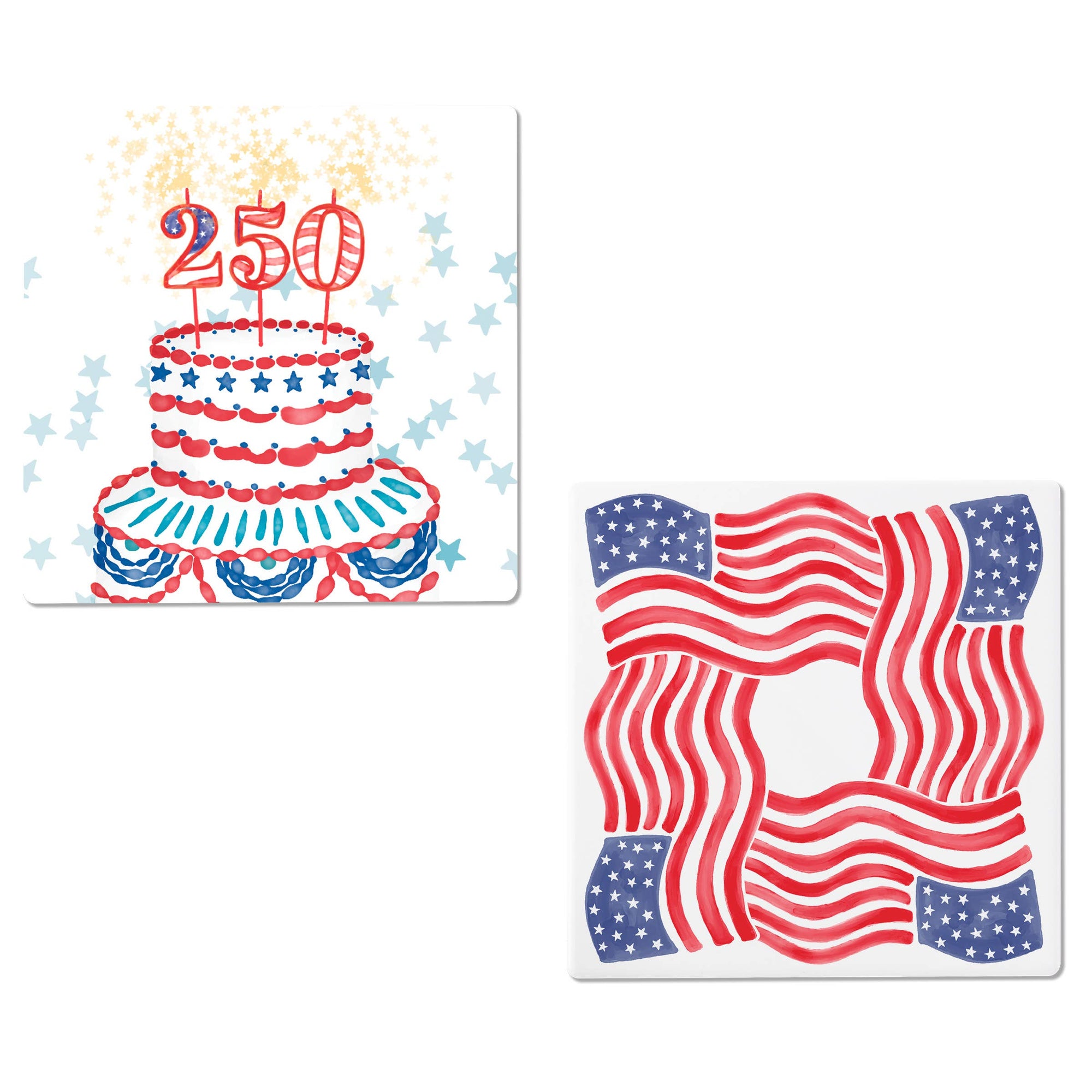 Two patriotic-themed coastersfeaturing a birthday cake with candles and an American flag design.