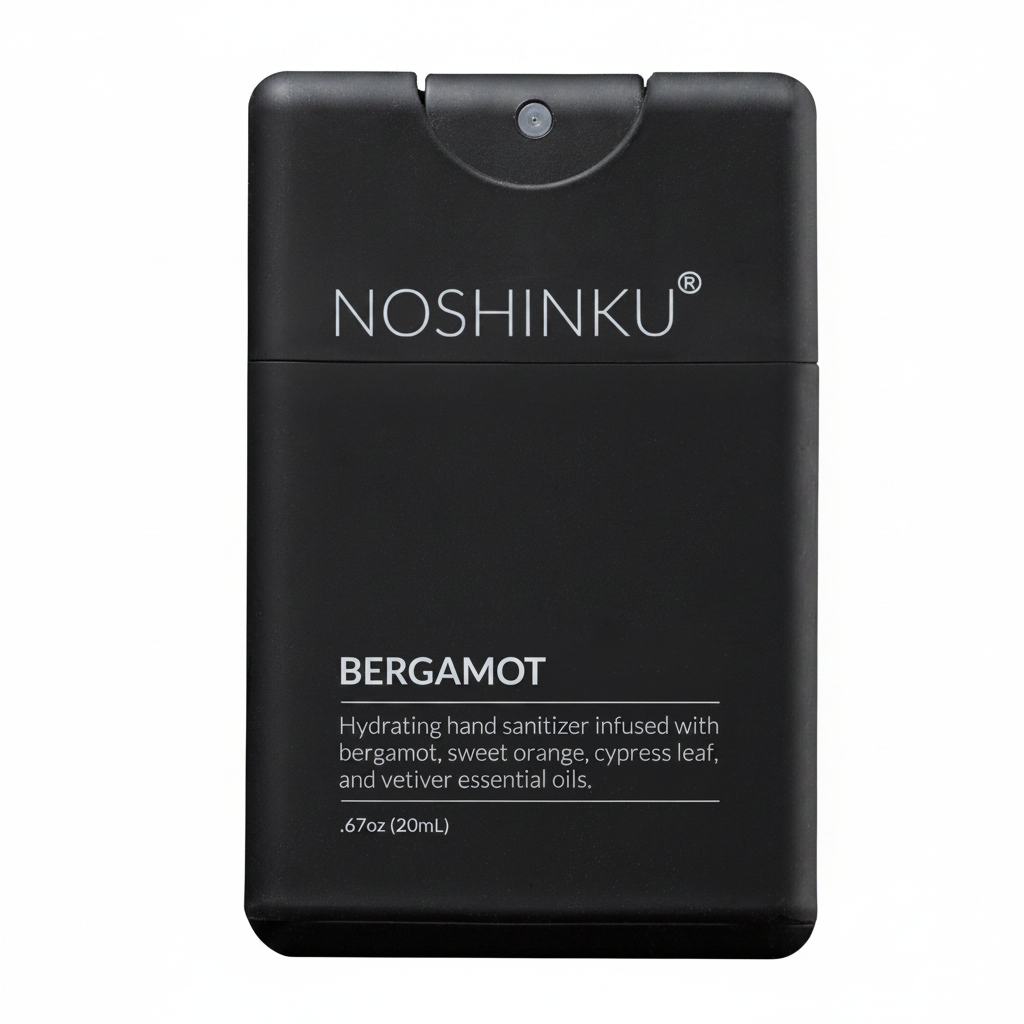 Black hand sanitizer container with 'Noshinku' branding on a black background