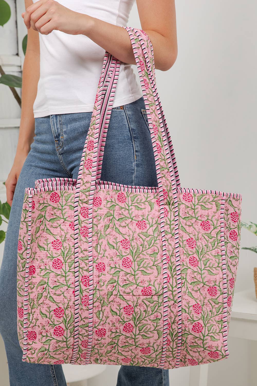 Pink Floral Quilted Cotton Tote Bag