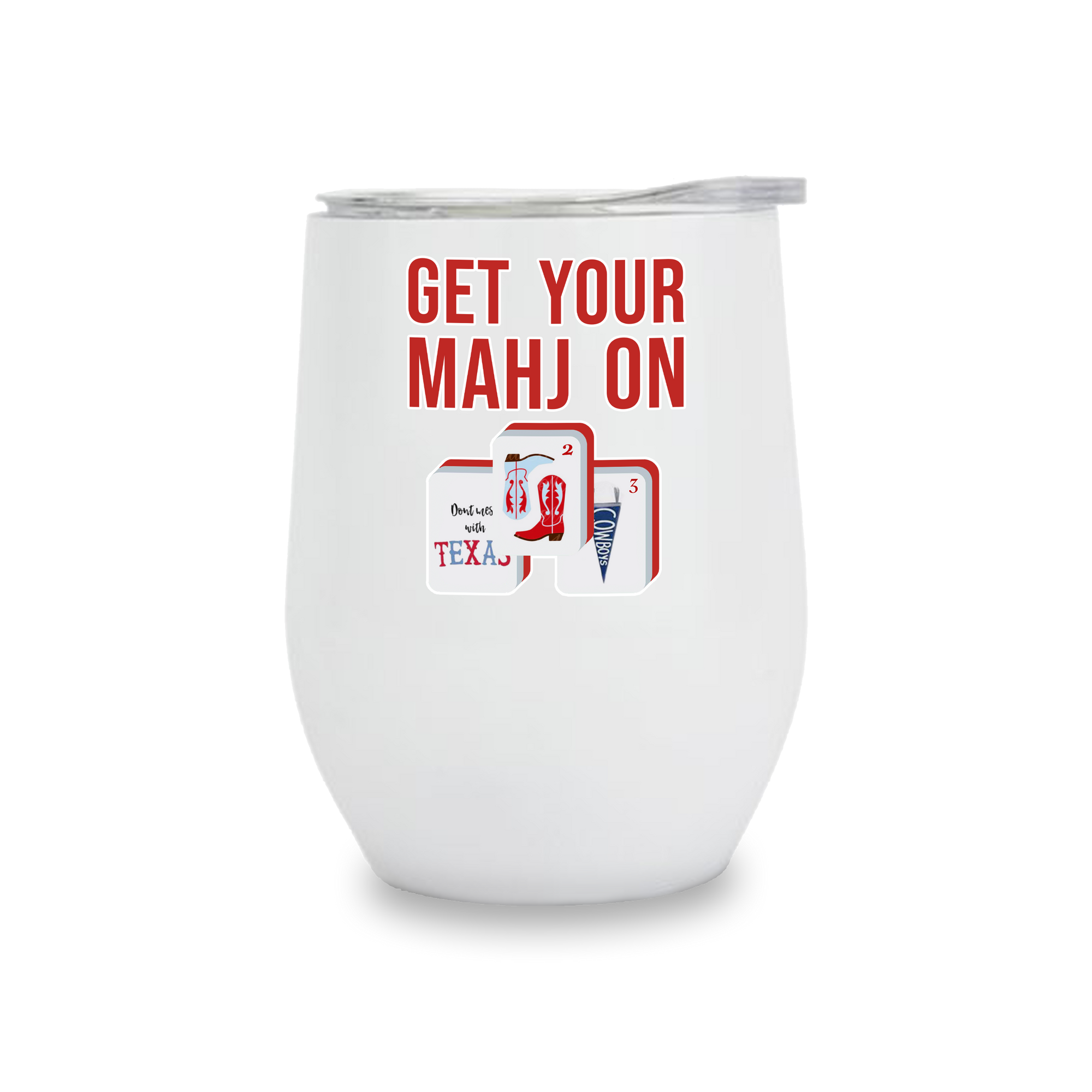 White tumbler with red text 'GET YOUR MAHJ ON' and playing card design on a white background