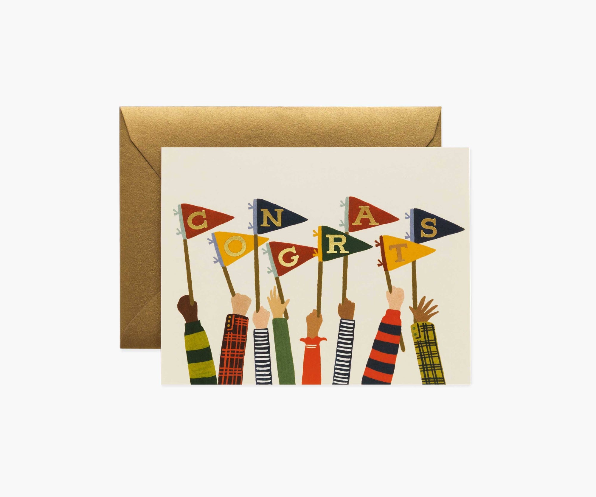 Greeting card with colorful flags and 'Congrats' text, featuring a brown envelope on a white background.