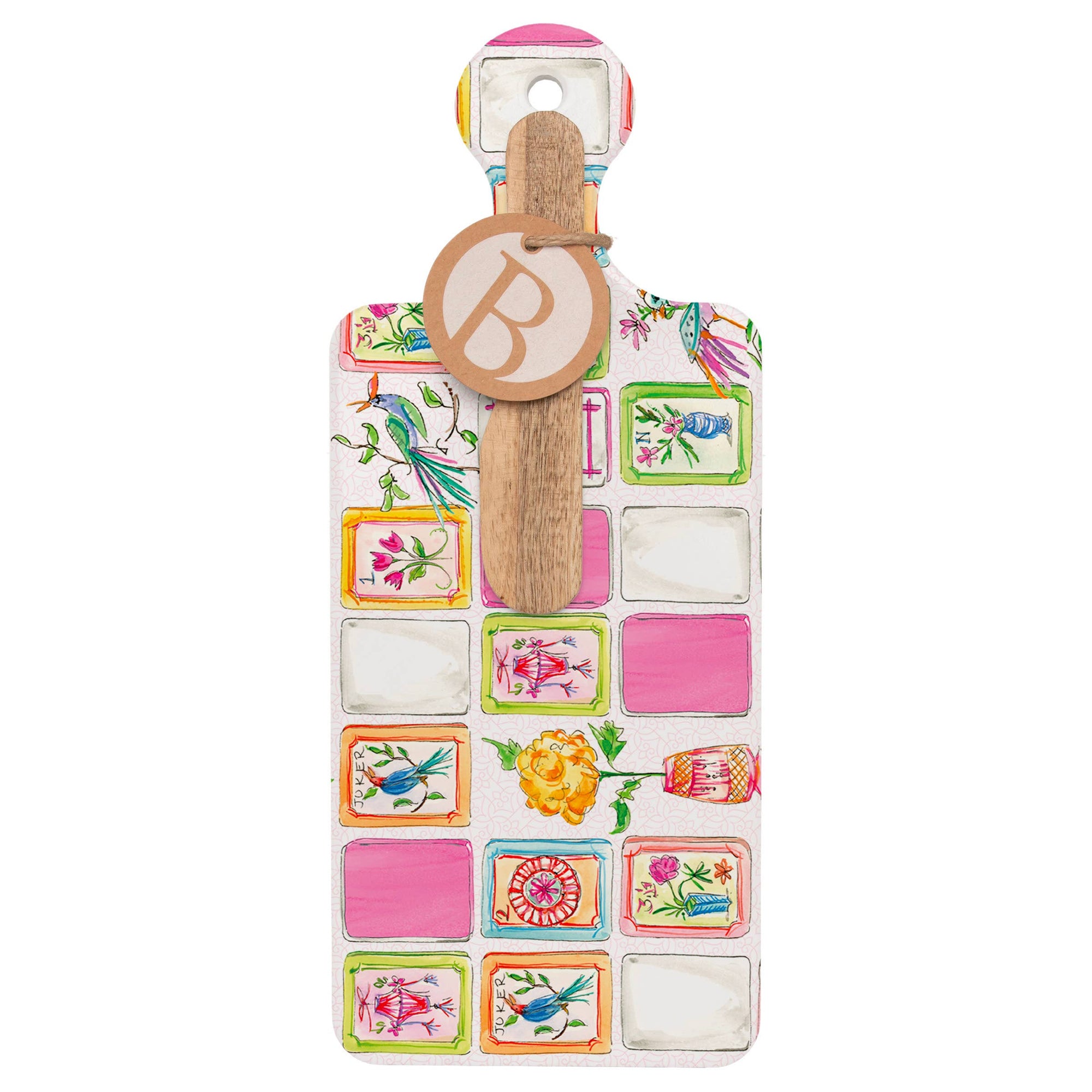 Decorative charcuterie board with colorful mahjong designs on a white background