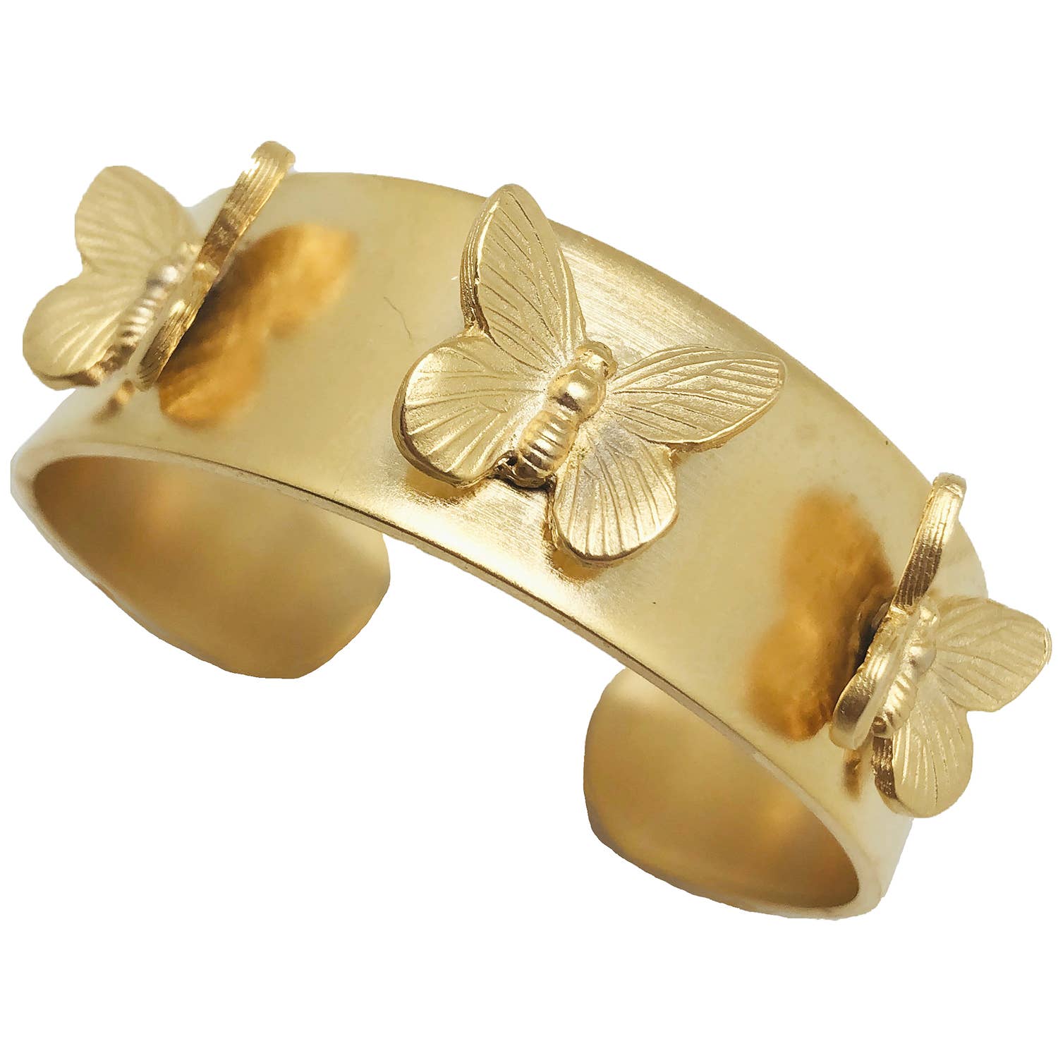 Gold bracelet with butterfly designs on a white background