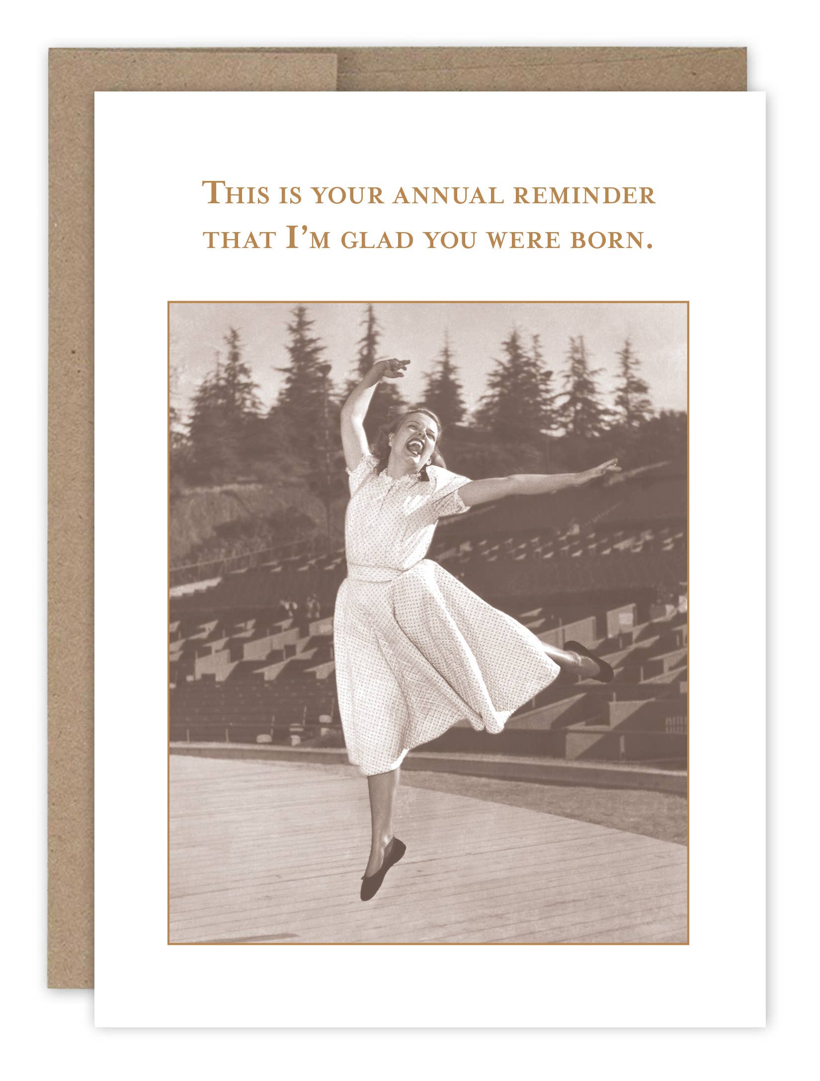 Vintage-style card with a dancer in mid-air and text about being glad someone was born.