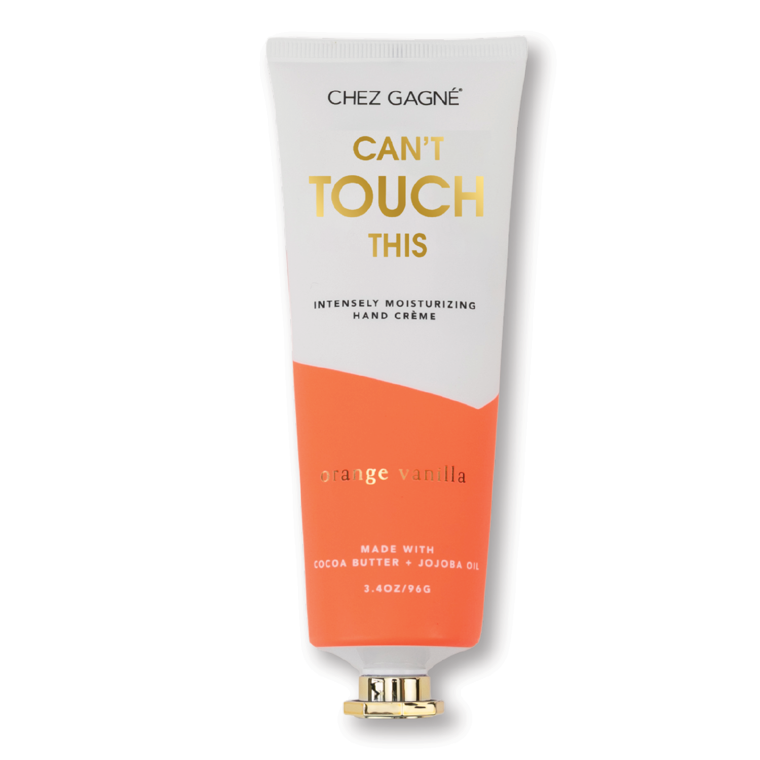 Hand cream tube labeled 'Can't Touch This' by Chez Gagne on a white background