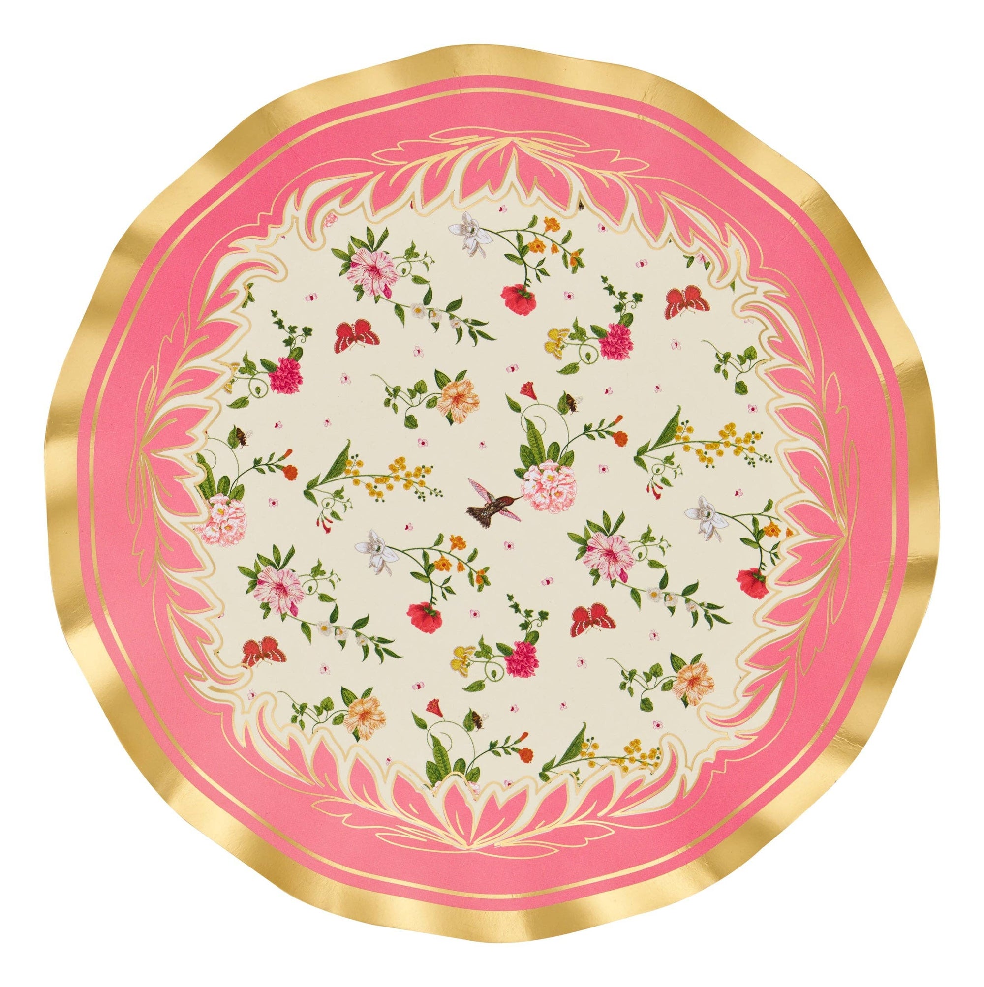 Decorative plate with floral pattern and gold rim on a pink background