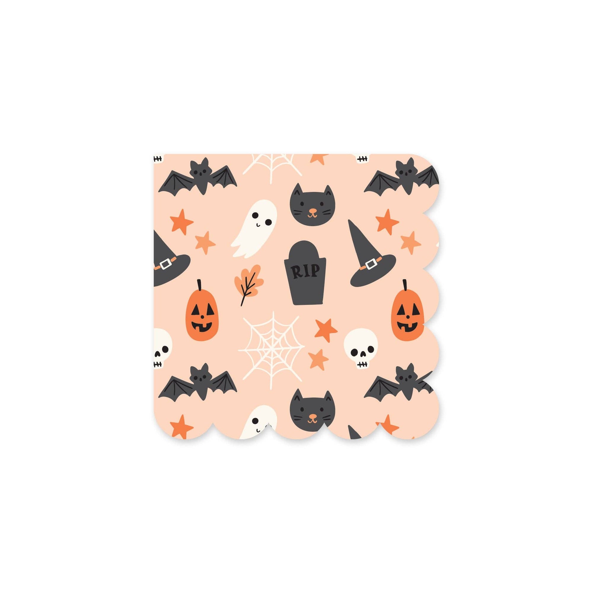 A square paper napkin with scalloped edges featuring a Halloween pattern on a light orange background. The pattern includes black bats, white ghosts, black cat faces, orange jack-o'-lanterns, black witch hats, white skulls, spiderwebs, and orange stars.