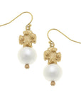 Cotton Pearl and Mini Gold Cross Earrings