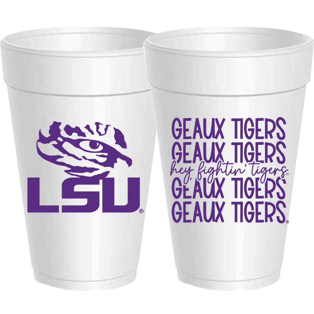 Two white styrofoam cups with LSU logo and 'Geaux Tigers' text on a white background