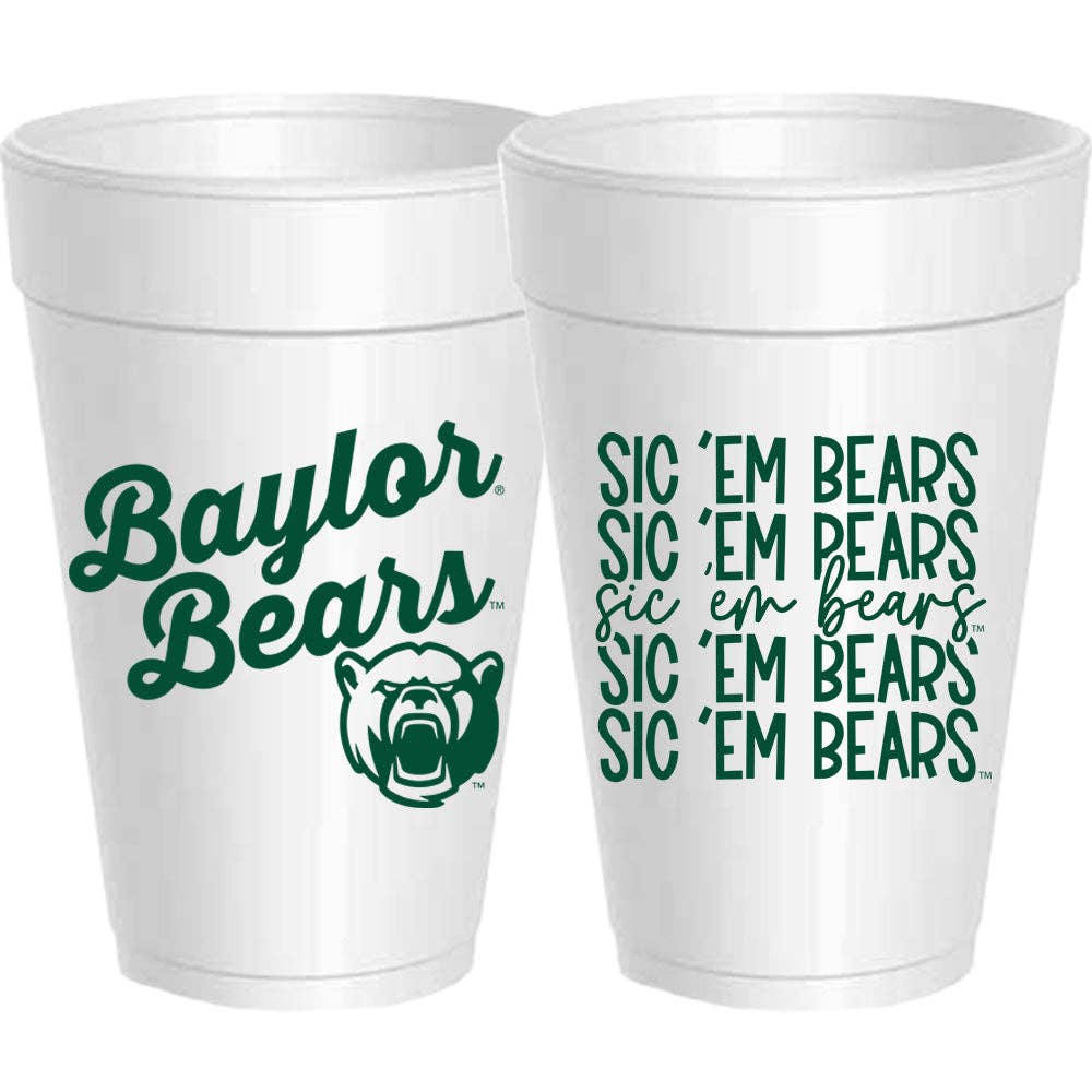 Two white styrofoam cups with 'Baylor Bears' text and logo on a white background