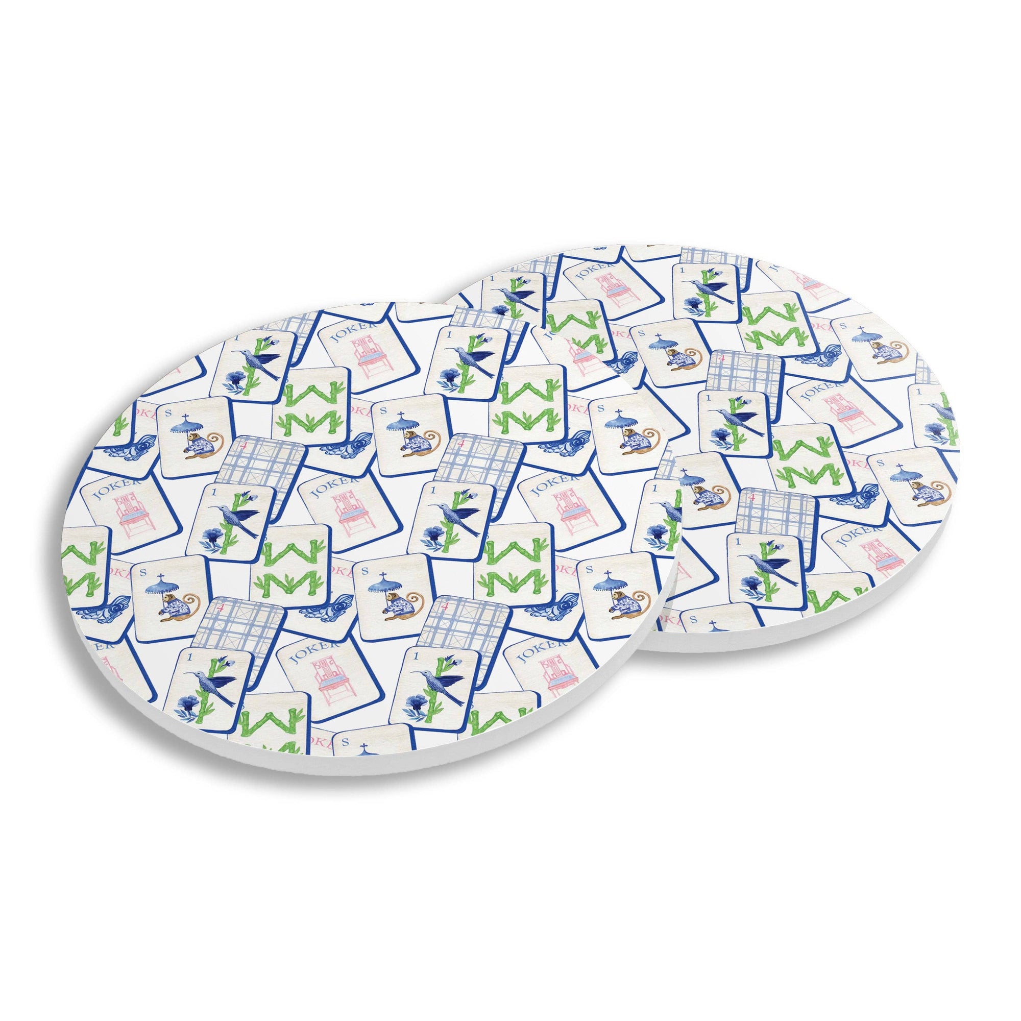 Round coasters with Mahjong cards featuring letters and pictures on a white background