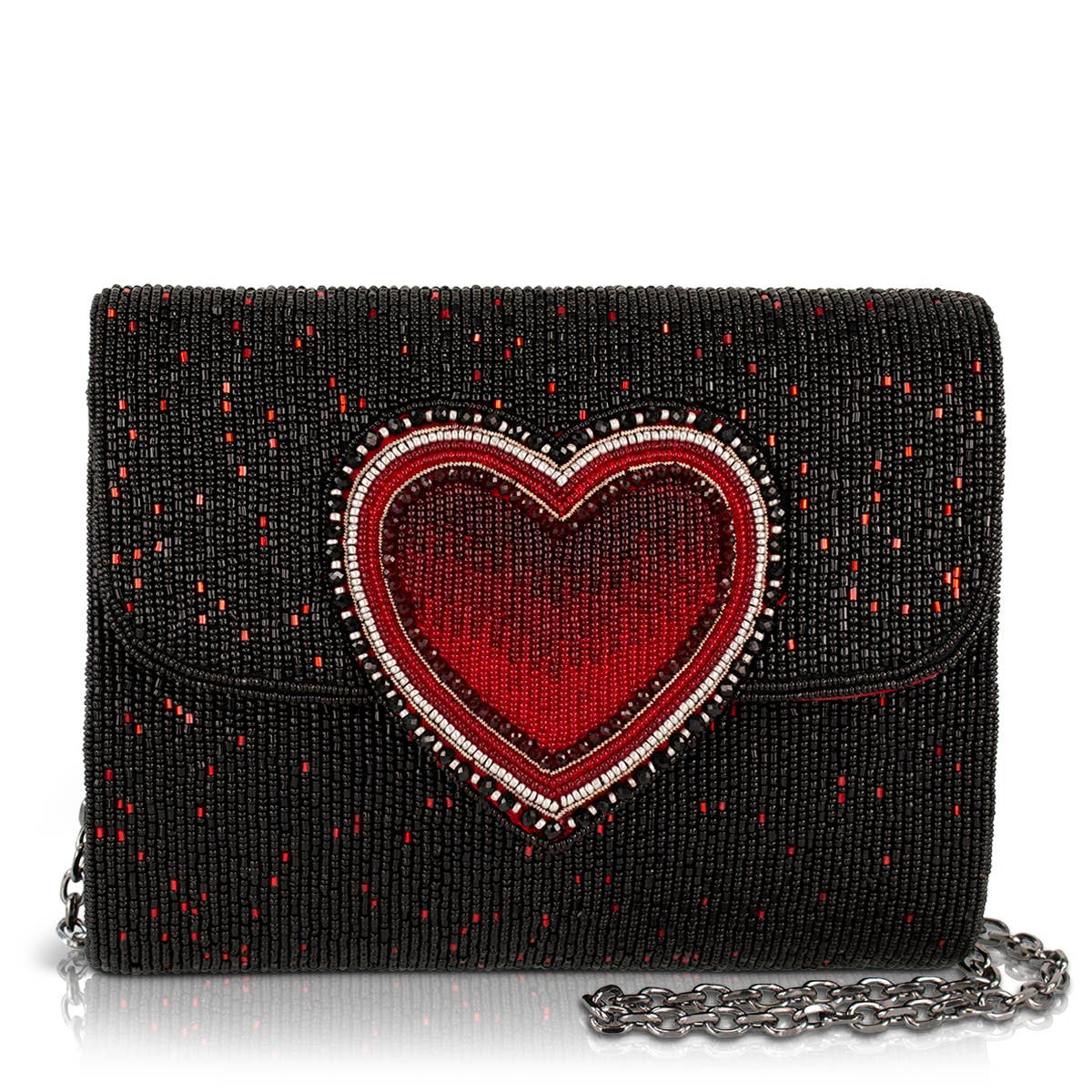 Black beaded clutch with a red heart design on a white background