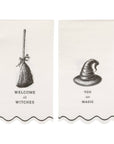 Two decorative paper napkins with witch-themed graphics and text on a white background