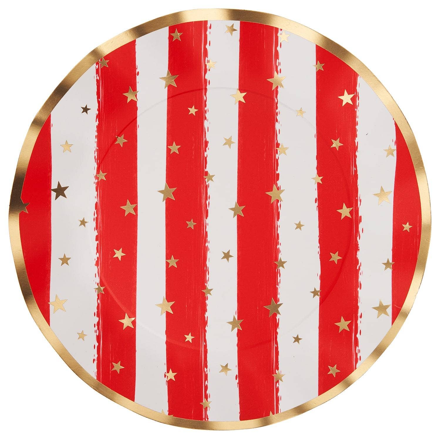 Round paper plate with red and white stripes and gold stars on a white background