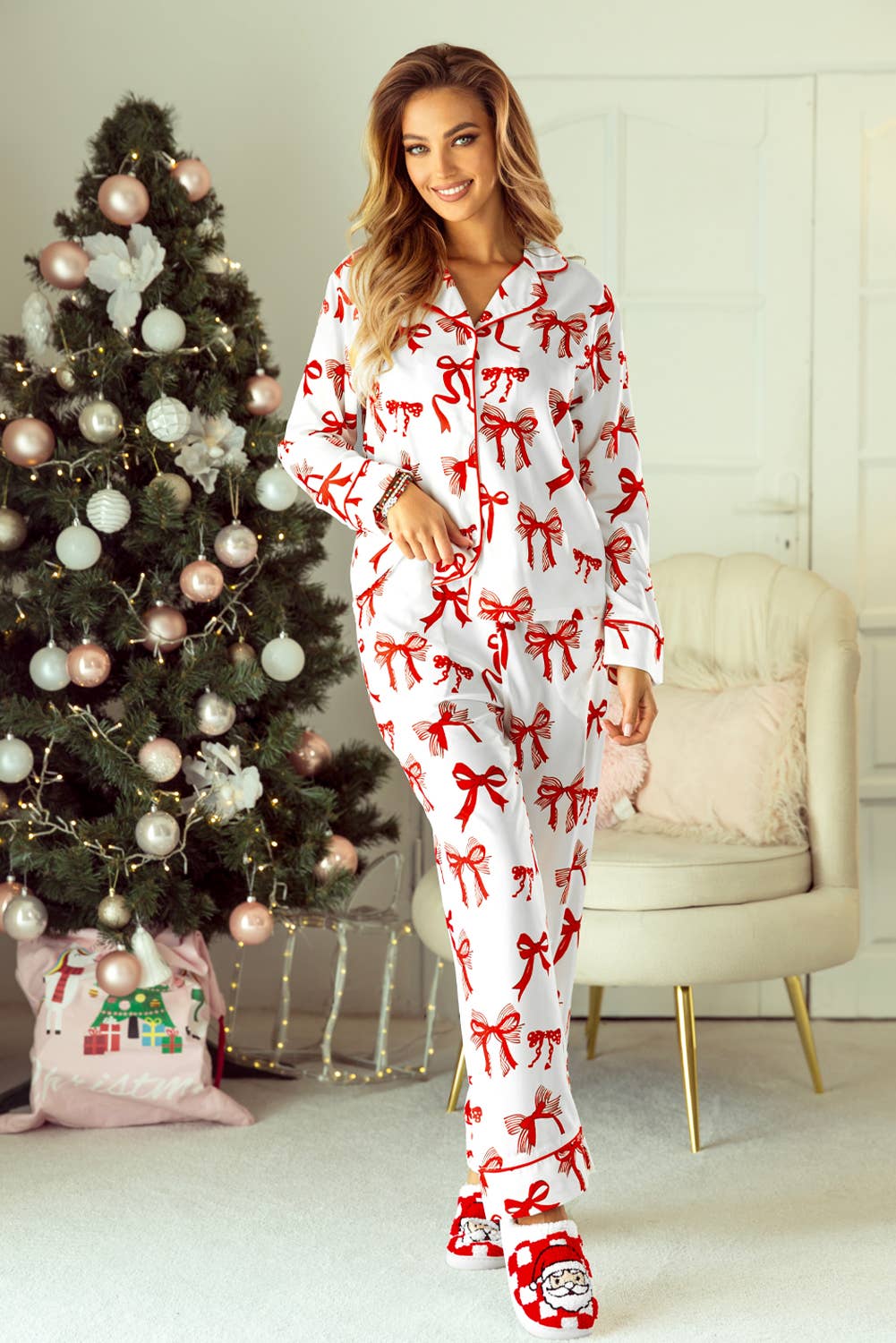 Christmas Bow Print Long 2pcs Pajama Set