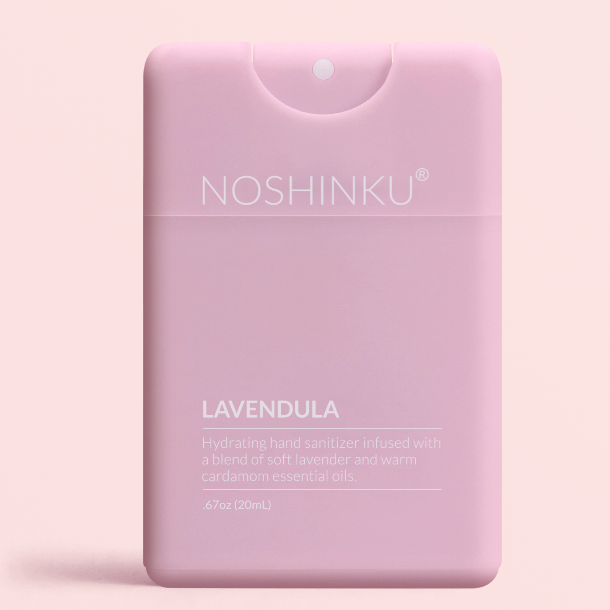 Pink hand sanitizer bottle with 'Noshinku' branding on a light pink background