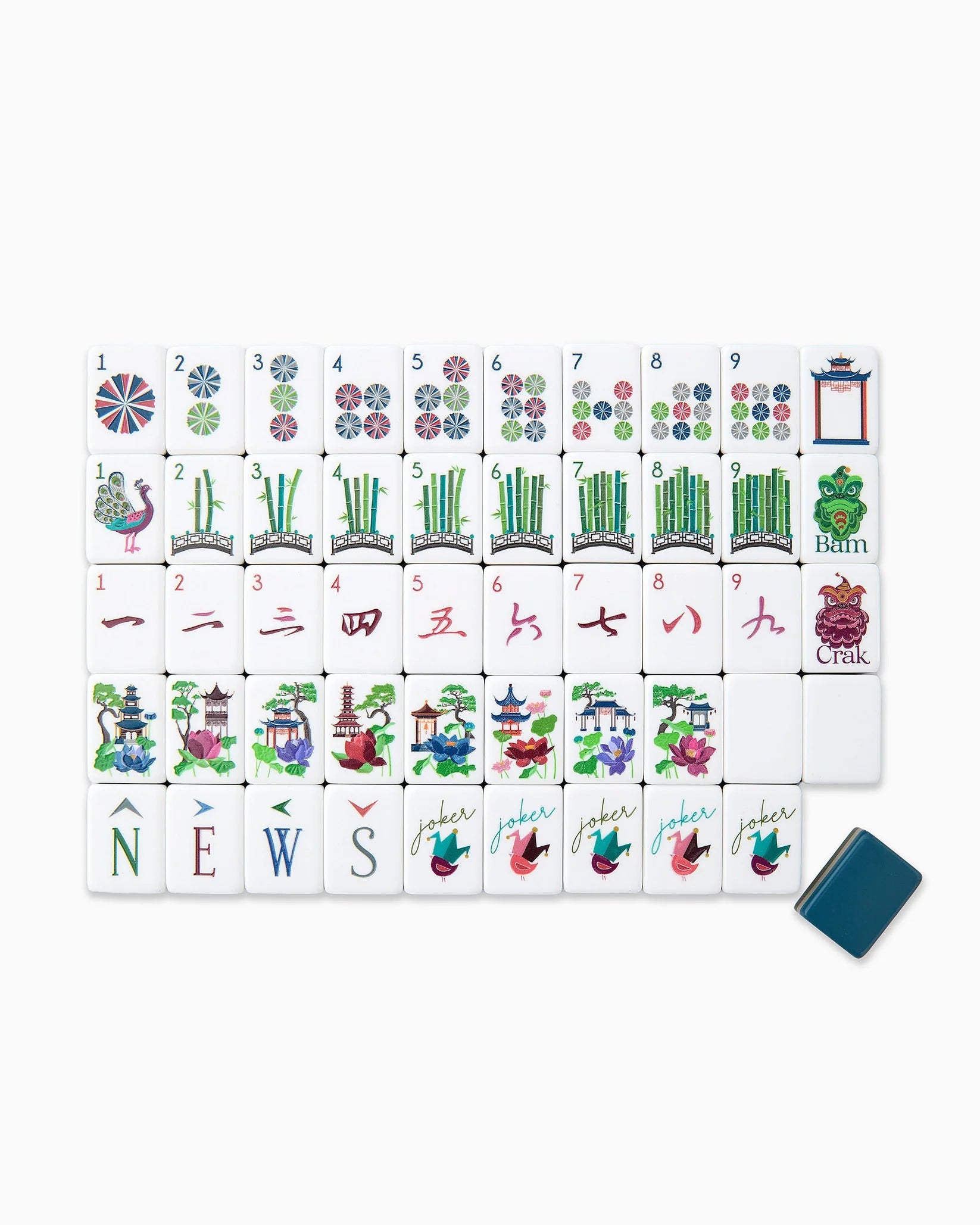 Set of colorful Mahjong tiles with a small blue box on a white background