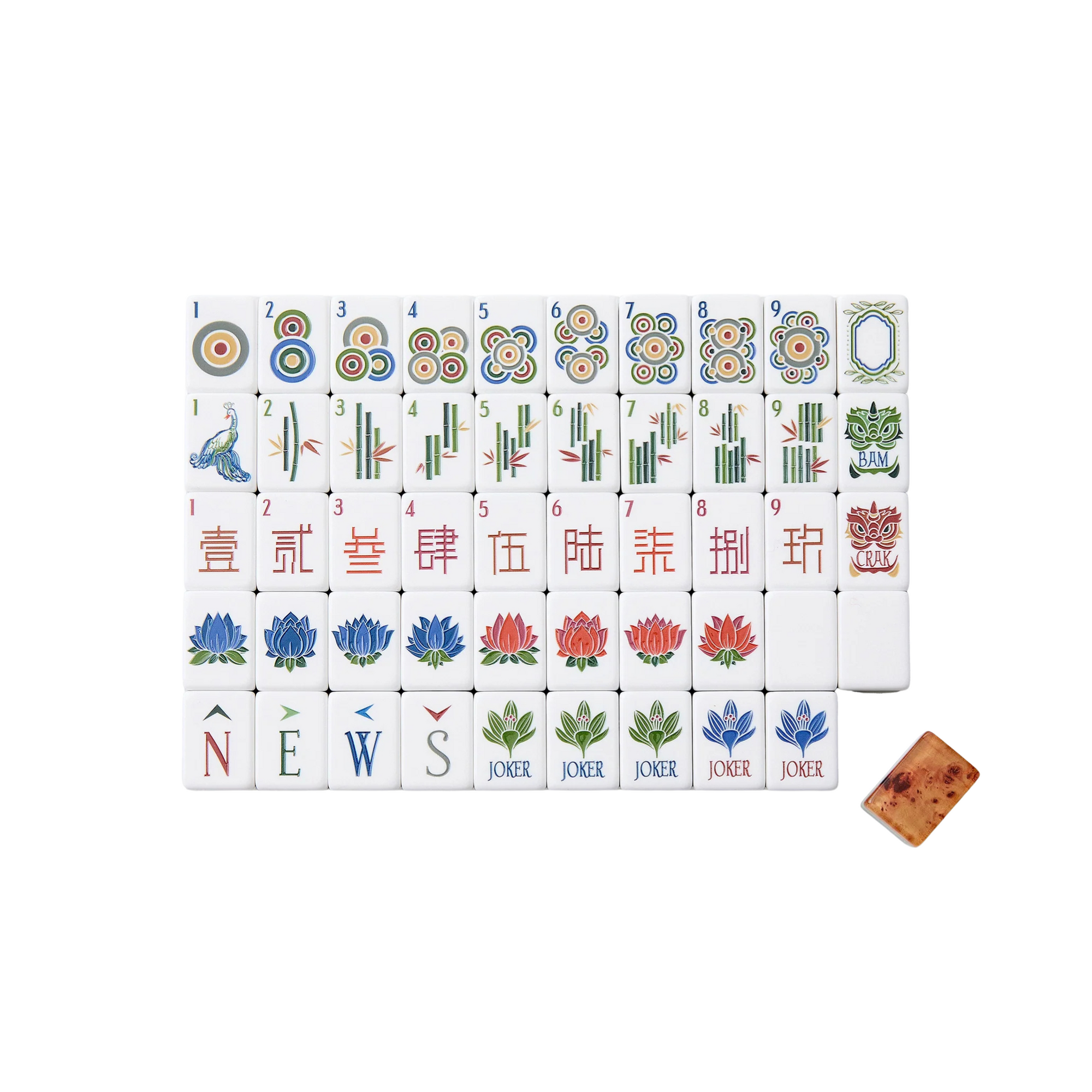 Set of Mahjong tiles with various symbols and characters on a white background