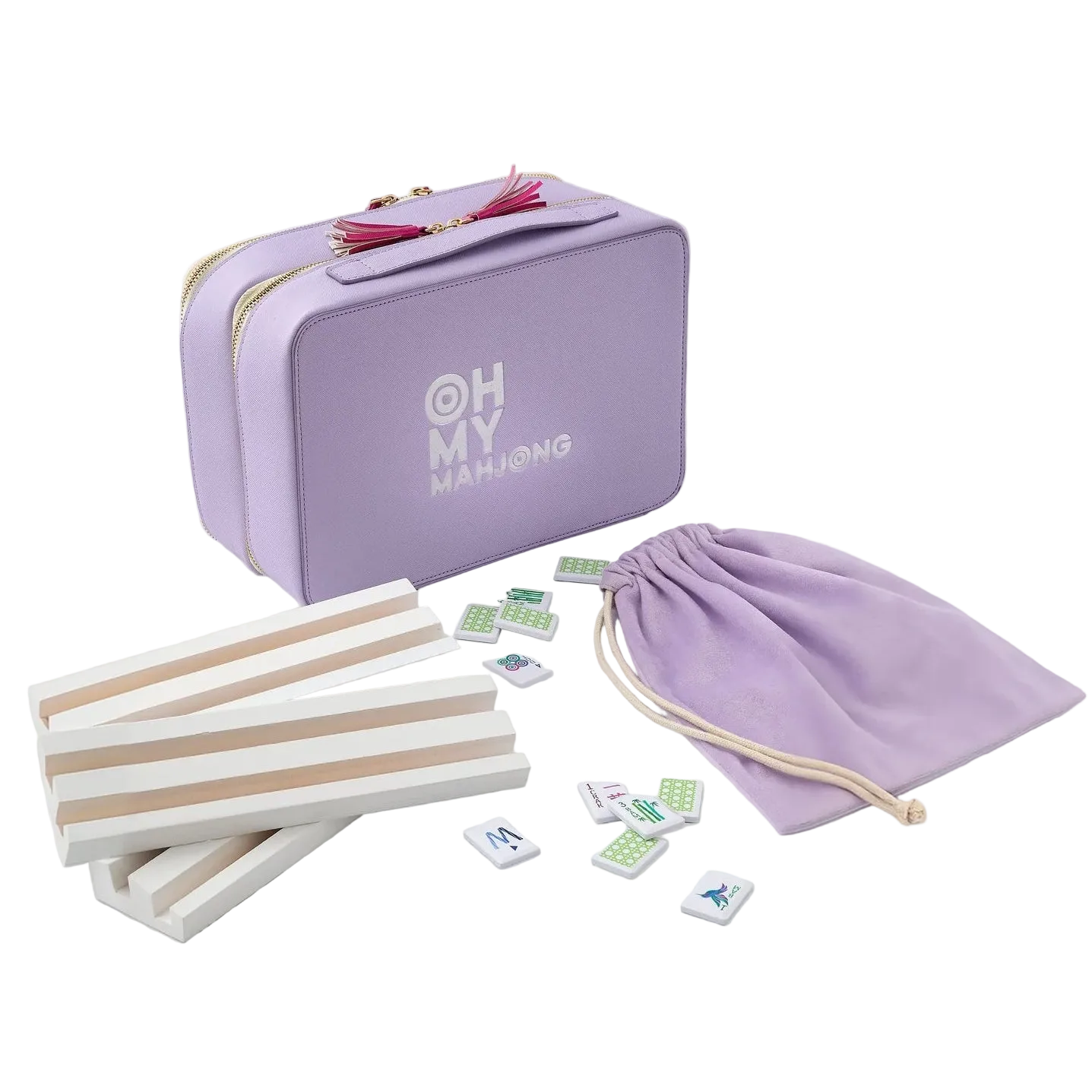 Purple travel-sized mahjong set with tiles and carrying pouch on a white background