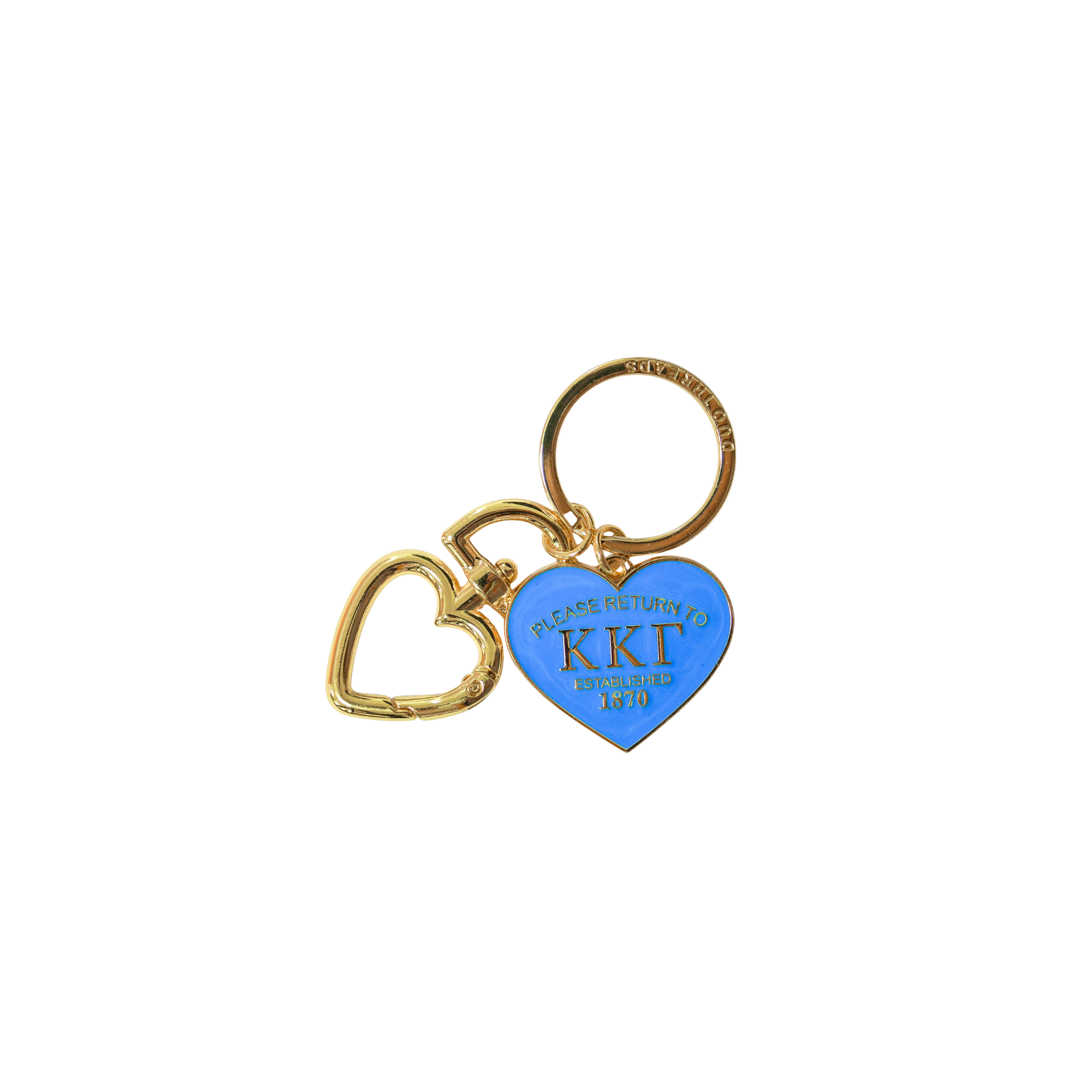 Gold and blue keychain with heart-shaped tag on a white background