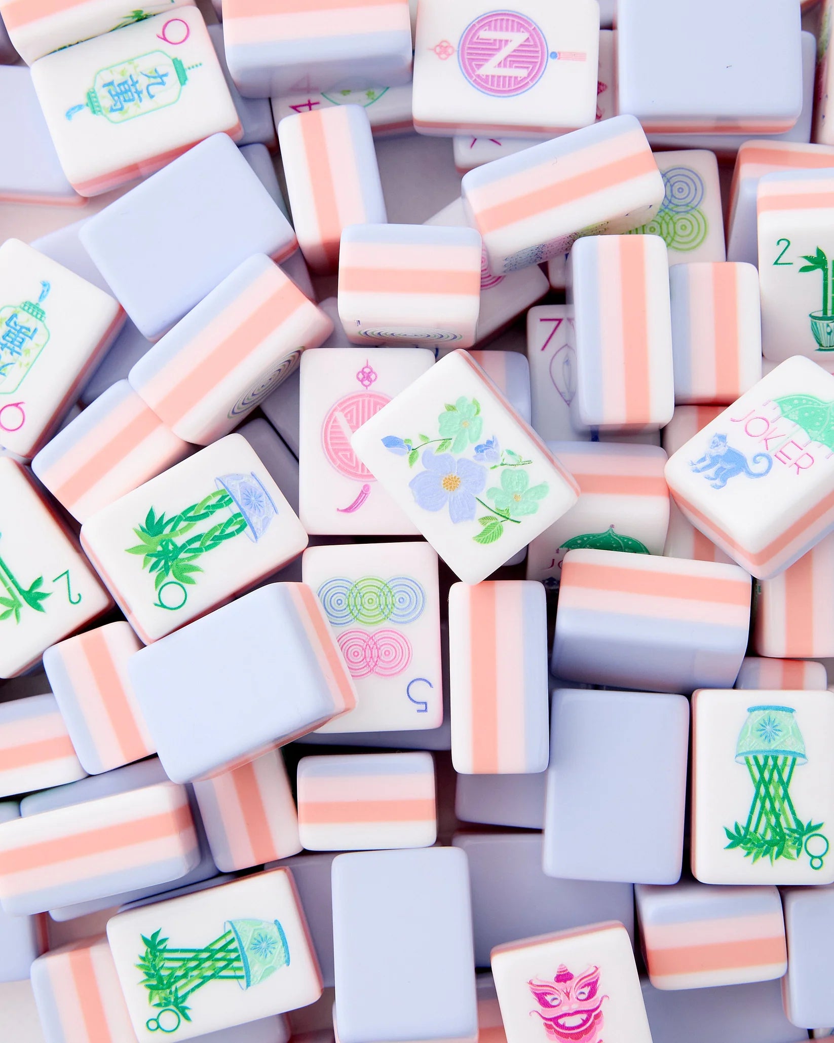 Luminaire Mahjong tiles in pink and purple.