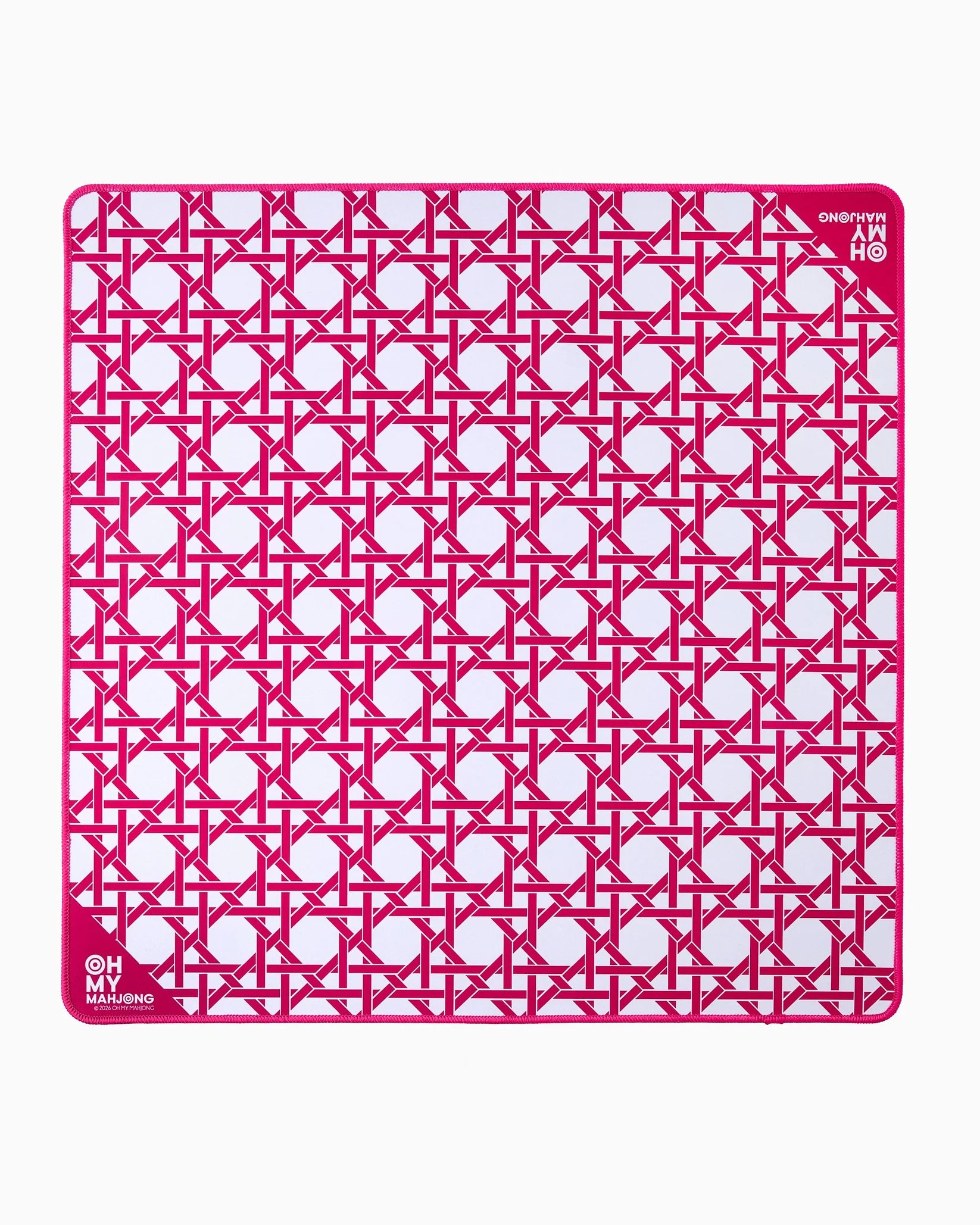 Pink and white grid patterned mahjong mat on a white background