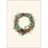 A notecard featuring a Christmas winter wreath design with green pine branches, red berries, and white snowflakes on a light background, accompanied by a matching envelope.