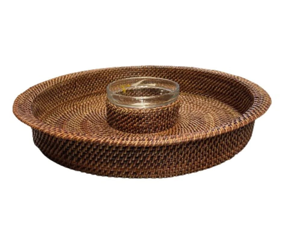 Round Rattan Chip and Dip with Glass Dish
