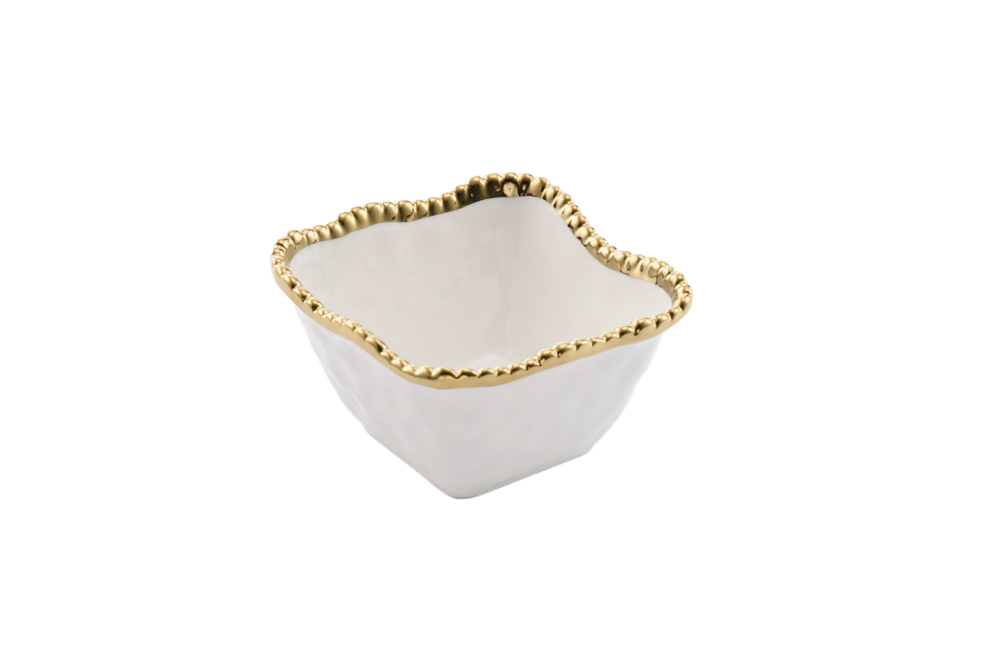 White and Gold Beaded Square Snack Bowl