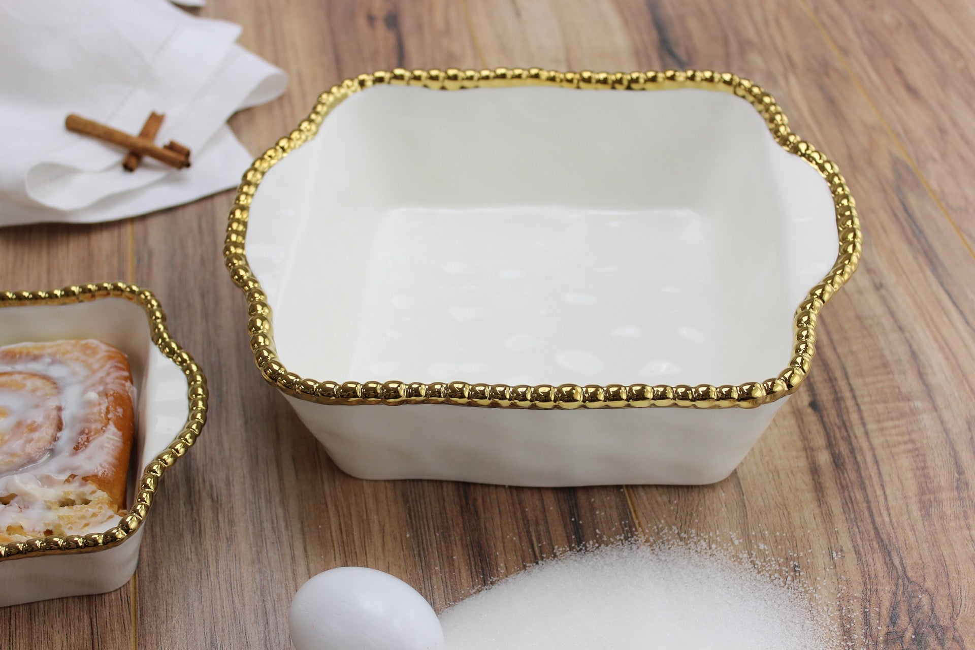 White and Gold Beaded Square Baking Dish