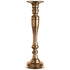 A tall, gold-colored metal pillar holder designed for holding candles, with a classic curved shape and a round base.