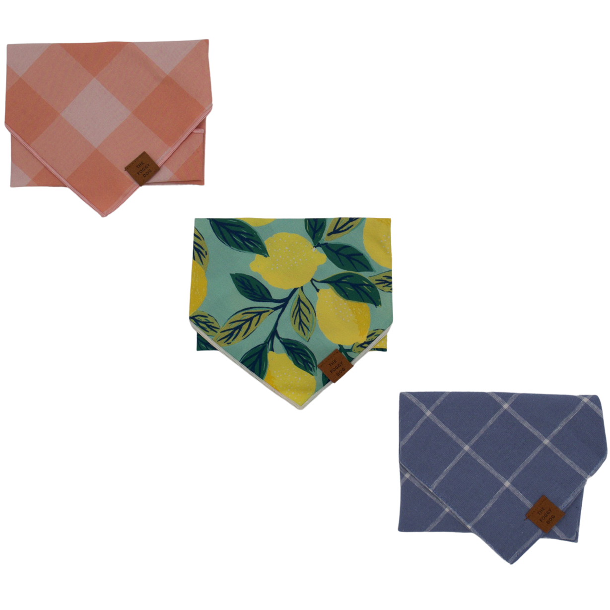A set of three dog bandanas in different patterns and colors, displayed on a white background.