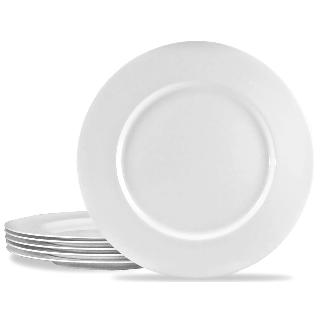 Set of white melamine salad plates.